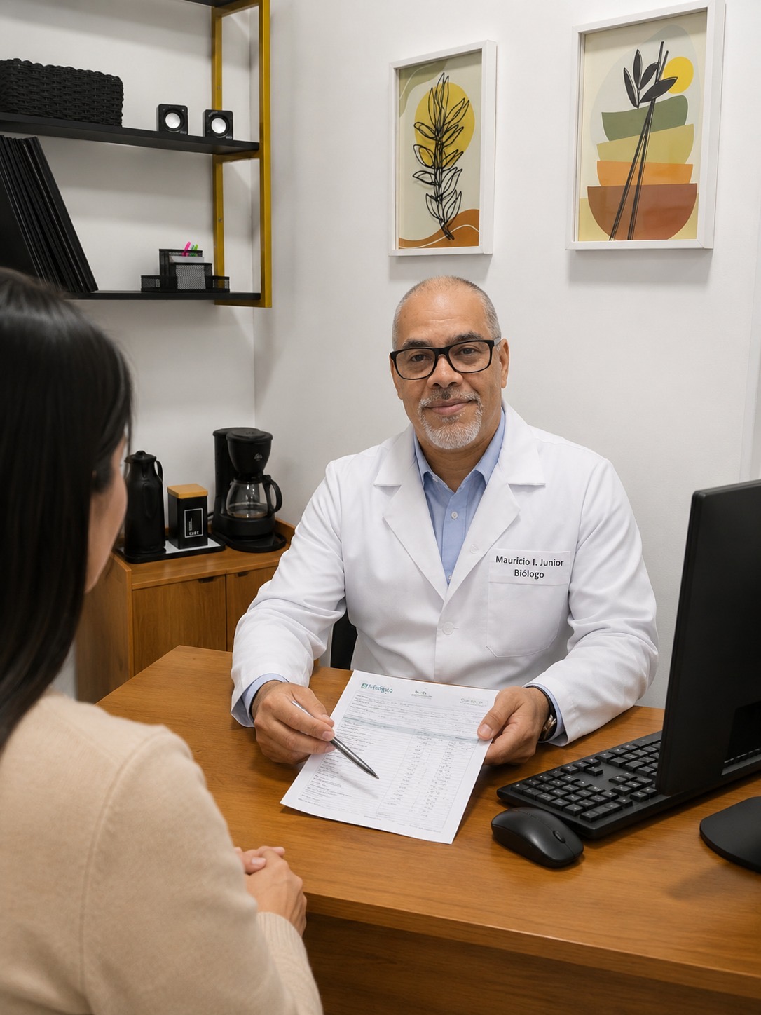 Consultor técnico da BioLógica orientando uma paciente sobre o resultado do exame